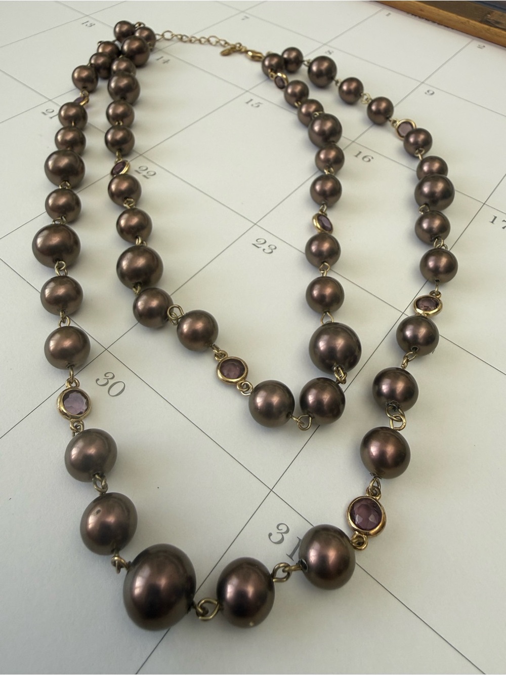 Monet Brown Pearl Necklace with Gold-Tone Links and Pink Accent Stones